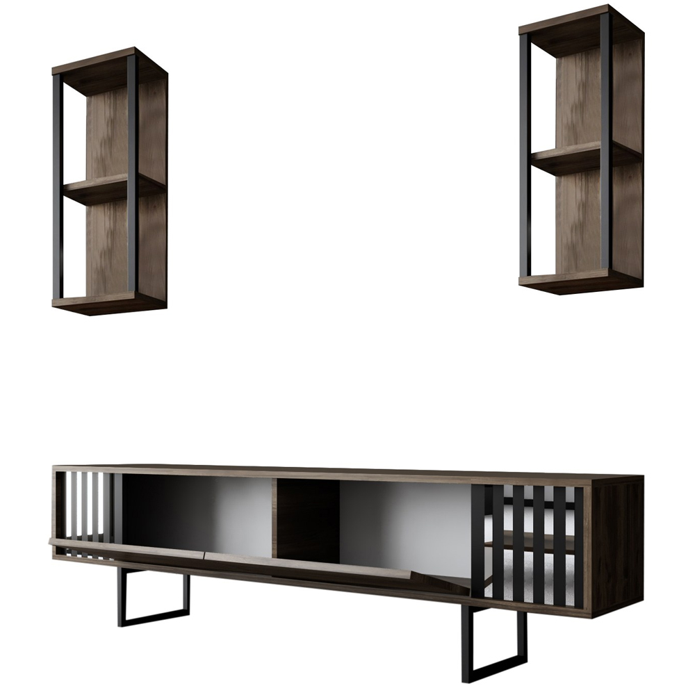 Novara Wooden Entertainment Unit With 2 Wall Shelves Walnut And Black