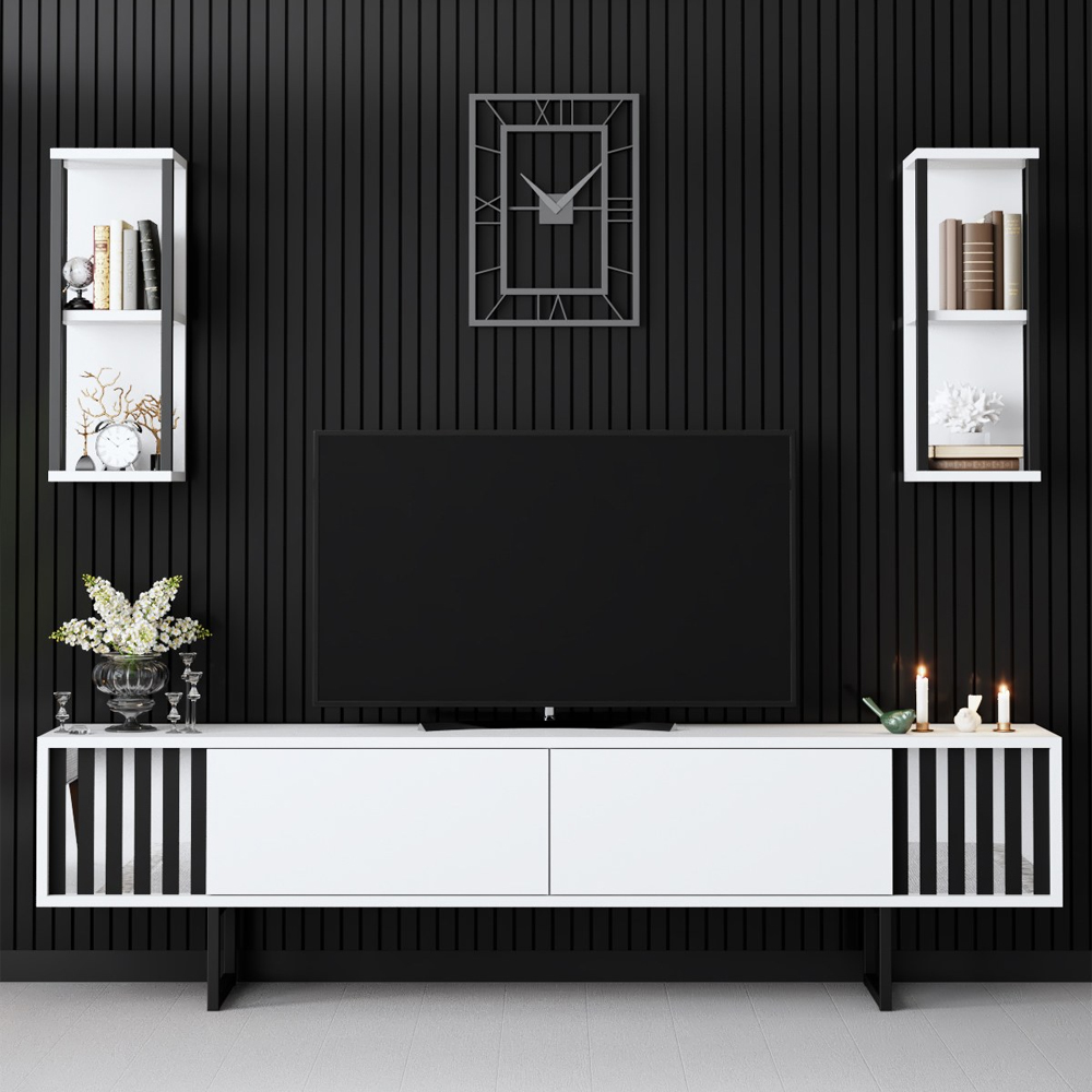 Novara Wooden Entertainment Unit With 2 Wall Shelves White And Black
