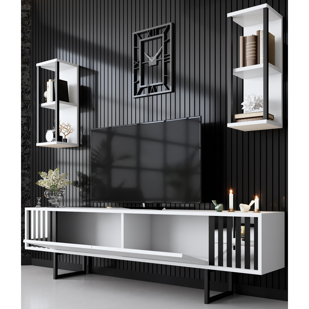 Novara Wooden Entertainment Unit With 2 Wall Shelves White And Black