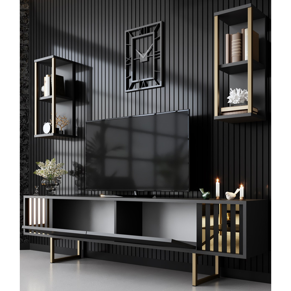 Novara Wooden Entertainment Unit with 2 Wall Shelves Anthracite and Gold