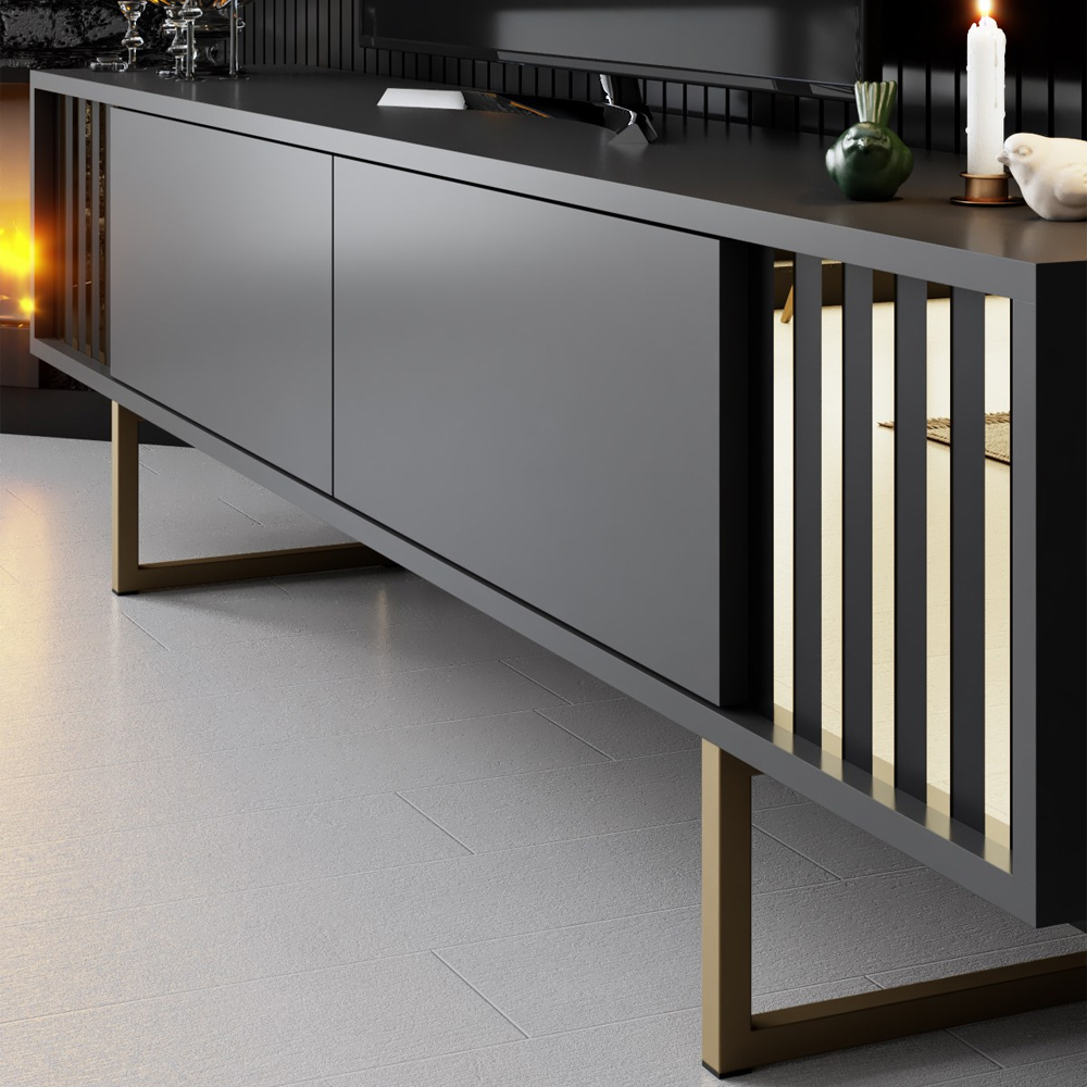 Novara Wooden Entertainment Unit with 2 Wall Shelves Anthracite and Gold