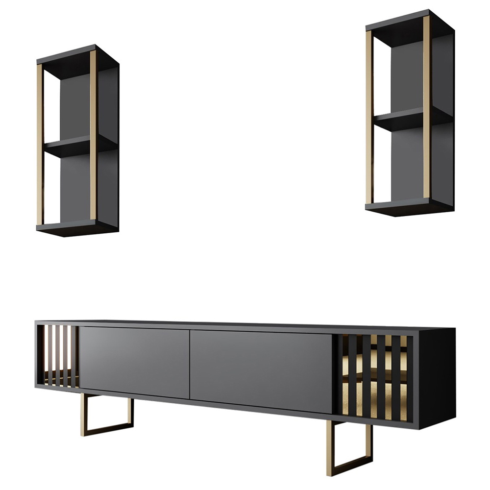 Novara Wooden Entertainment Unit with 2 Wall Shelves Anthracite and Gold