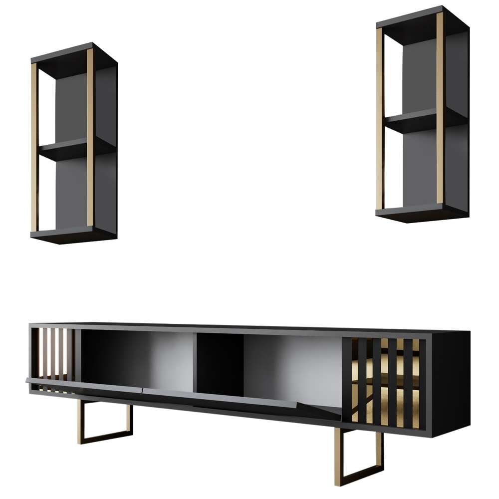 Novara Wooden Entertainment Unit with 2 Wall Shelves Anthracite and Gold