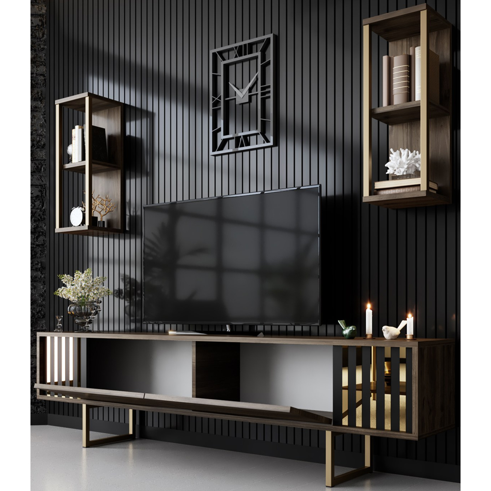 Novara Wooden Entertainment Unit with 2 Wall Shelves Walnut and Gold
