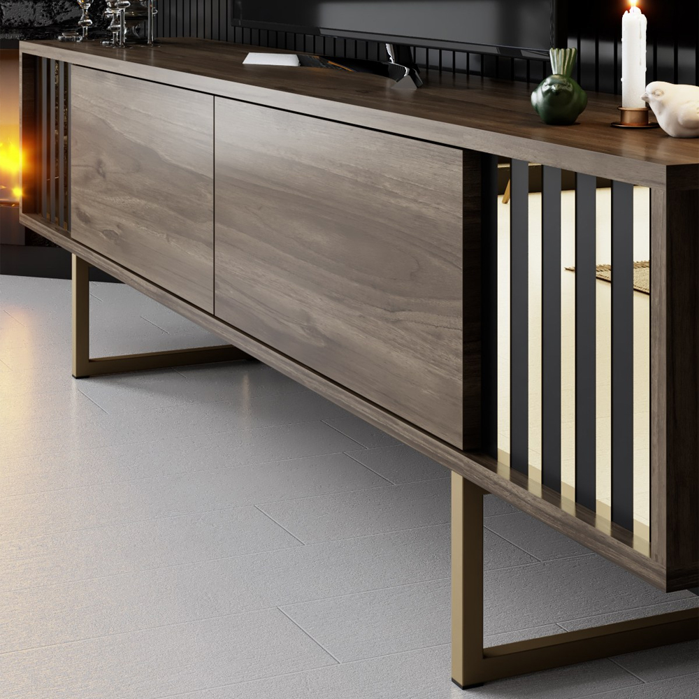 Novara Wooden Entertainment Unit with 2 Wall Shelves Walnut and Gold