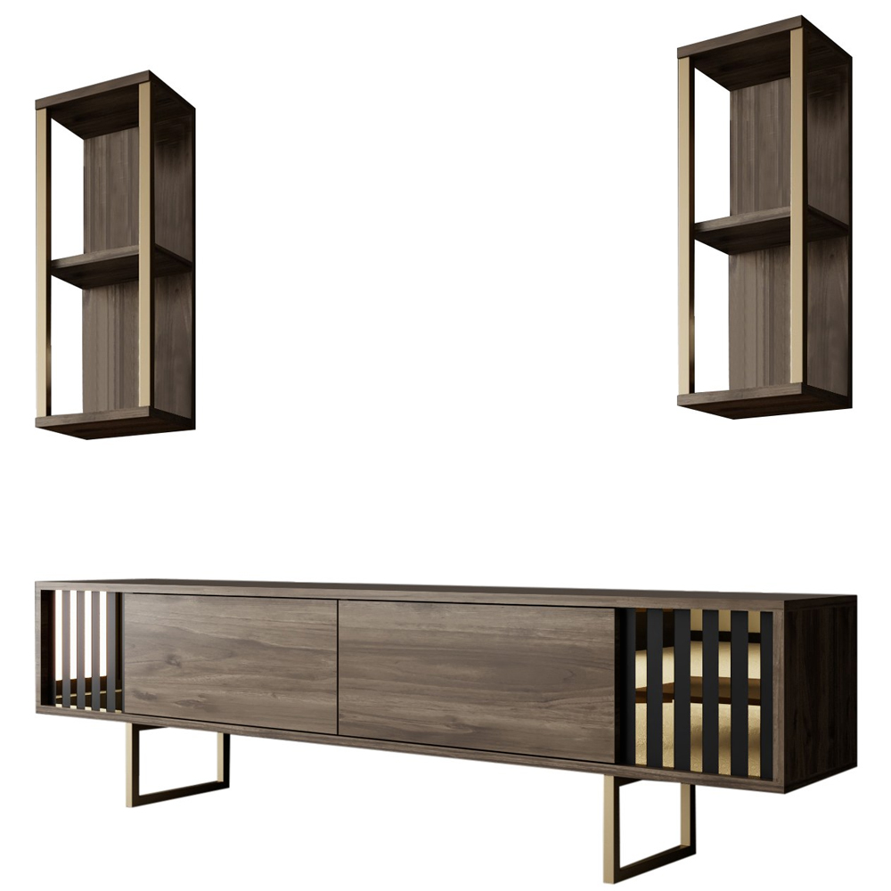 Novara Wooden Entertainment Unit with 2 Wall Shelves Walnut and Gold