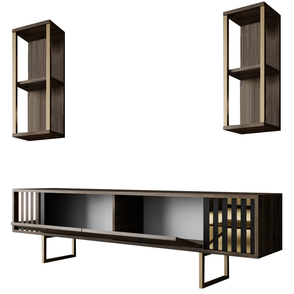 Novara Wooden Entertainment Unit with 2 Wall Shelves Walnut and Gold