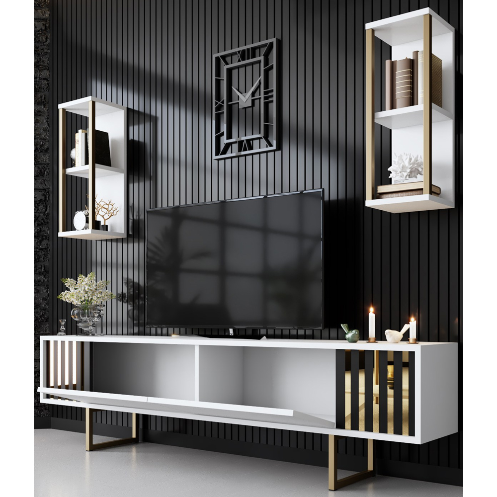 Novara Wooden Entertainment Unit with 2 Wall Shelves White and Gold