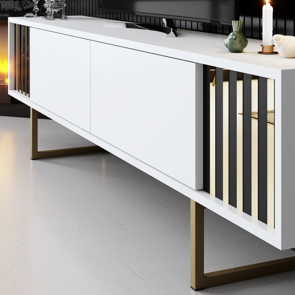 Novara Wooden Entertainment Unit with 2 Wall Shelves White and Gold