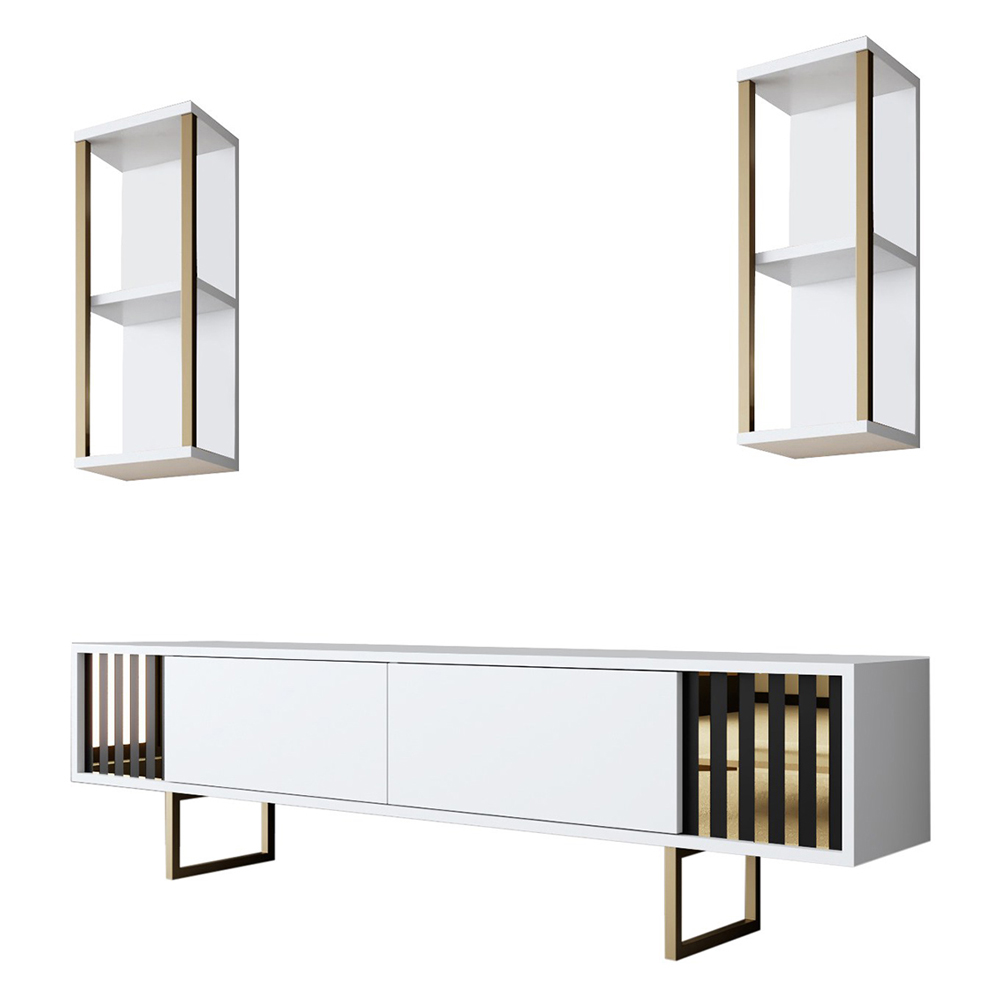 Novara Wooden Entertainment Unit with 2 Wall Shelves White and Gold