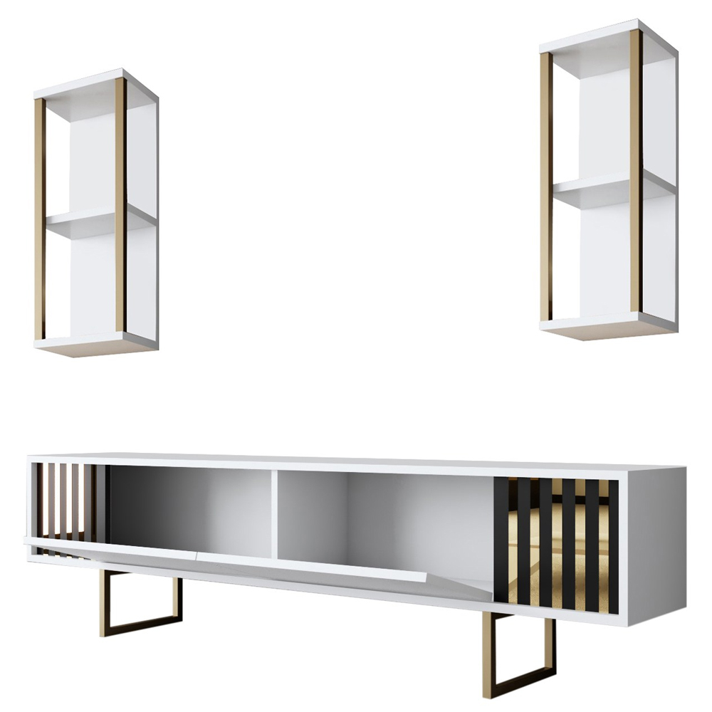 Novara Wooden Entertainment Unit with 2 Wall Shelves White and Gold