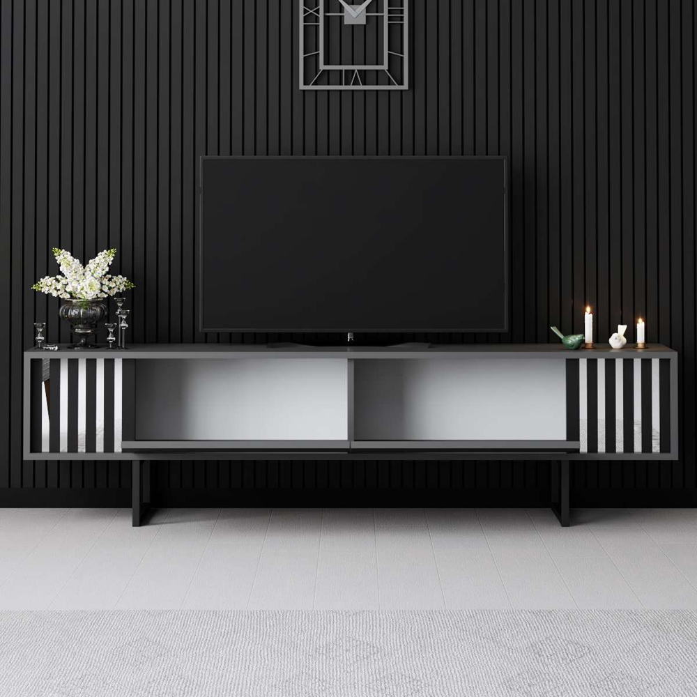 Novara Wooden TV Stand With Metal Legs In Anthracite And Black