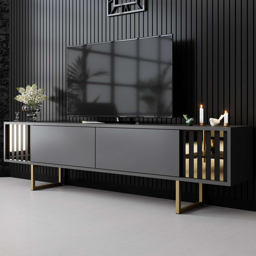 Novara Wooden TV Stand with Metal Legs in Anthracite and Gold