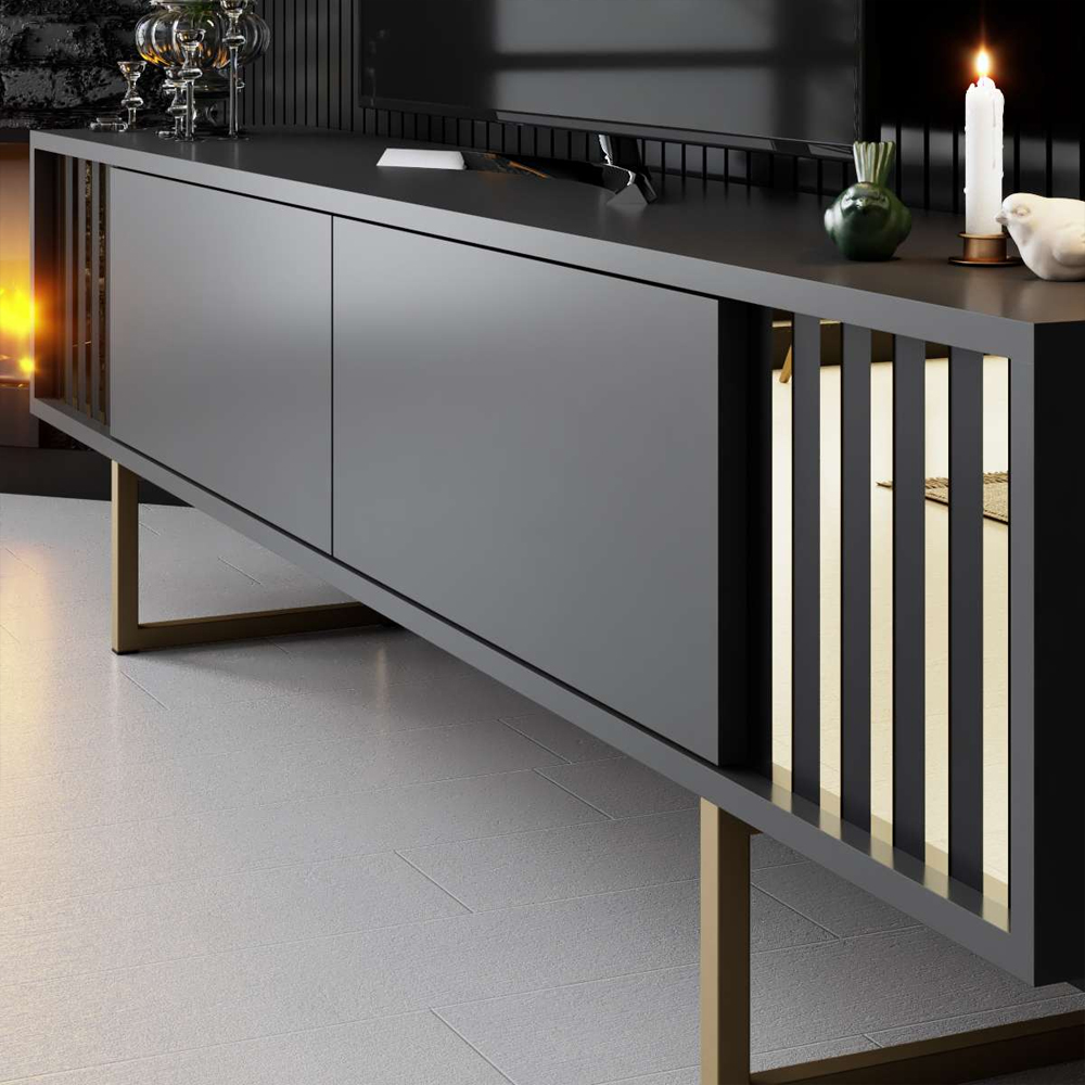 Novara Wooden TV Stand with Metal Legs in Anthracite and Gold