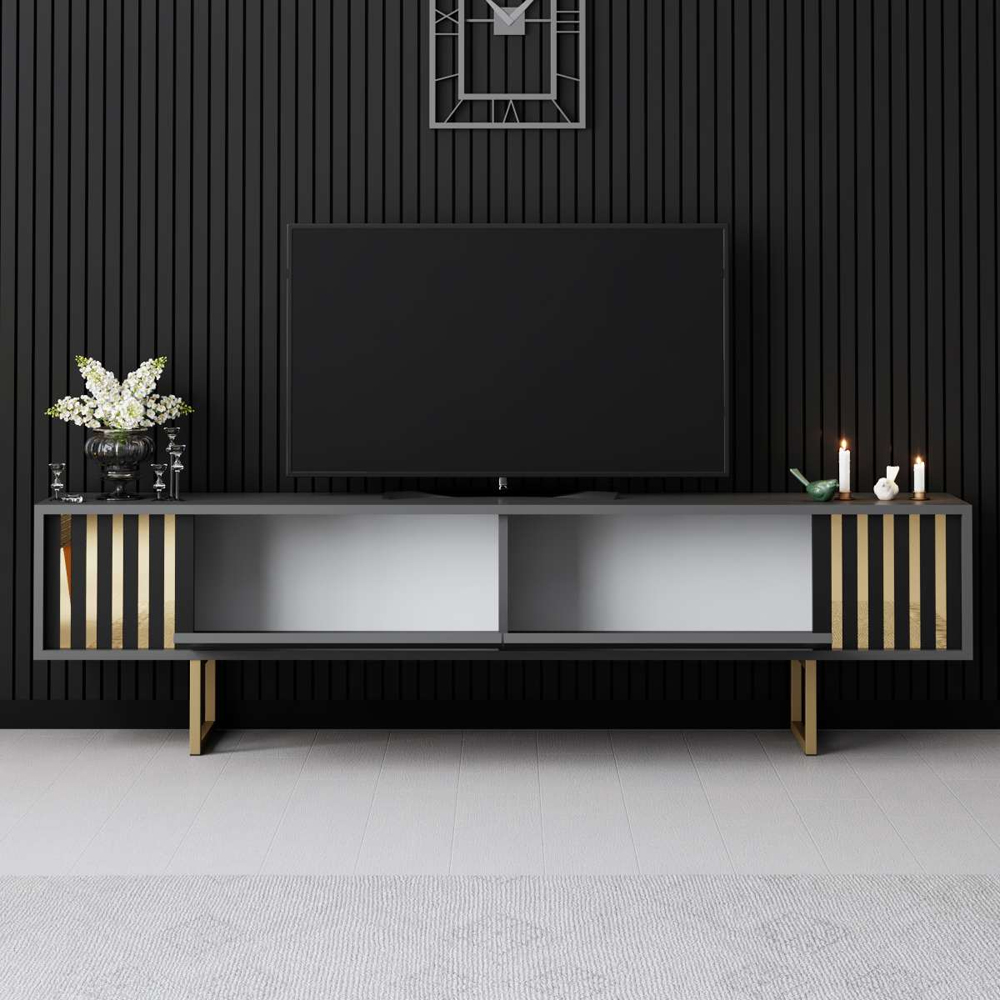 Novara Wooden TV Stand with Metal Legs in Anthracite and Gold