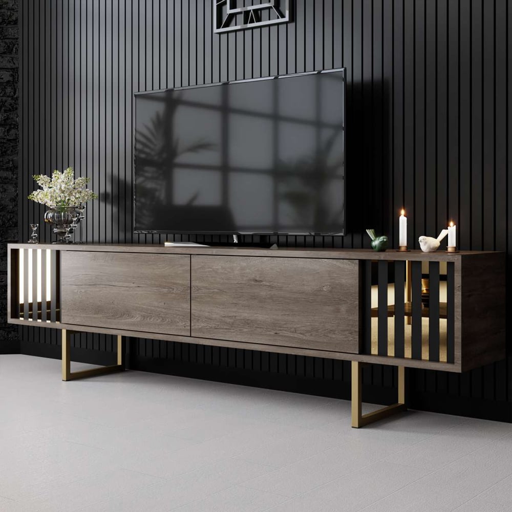 Novara Wooden TV Stand with Metal Legs in Walnut and Gold