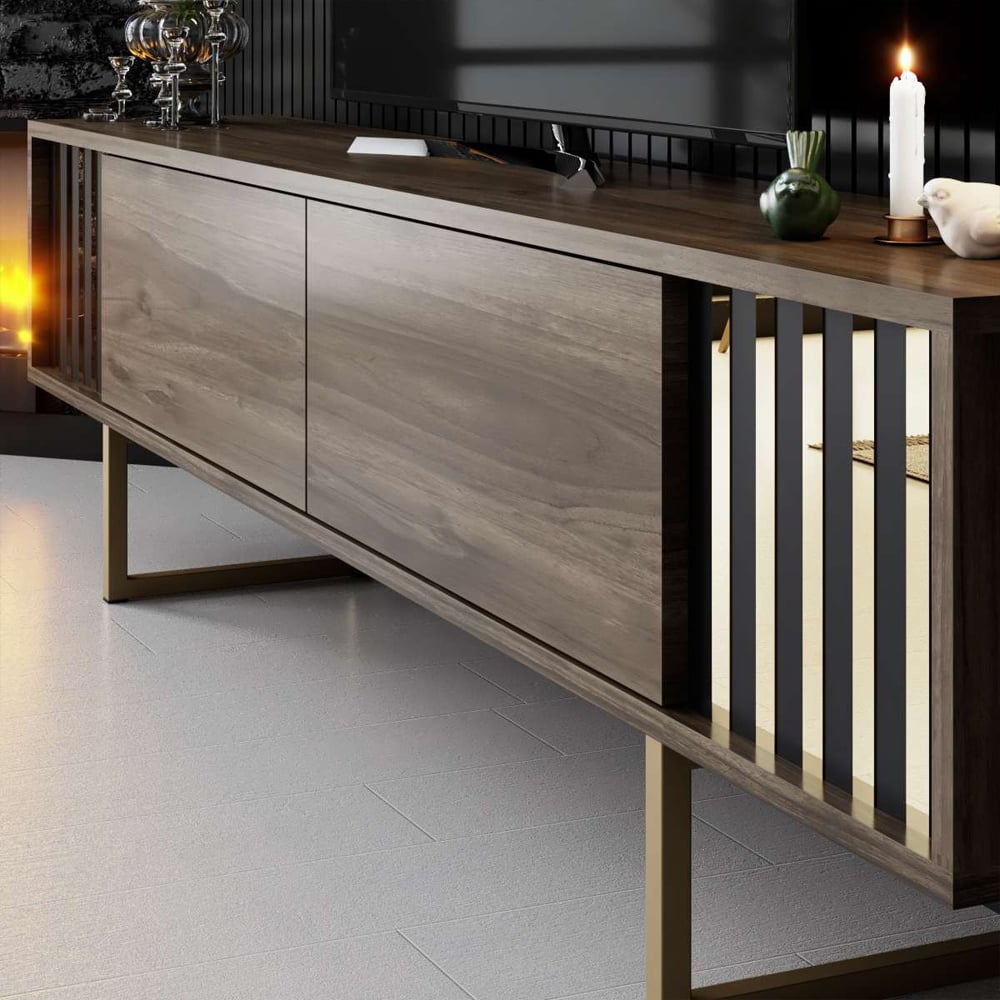 Novara Wooden TV Stand with Metal Legs in Walnut and Gold