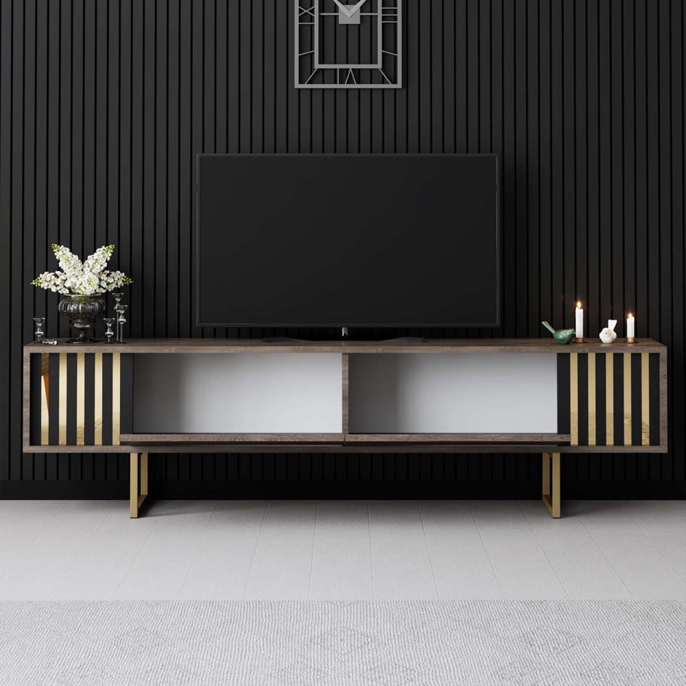 Novara Wooden TV Stand with Metal Legs in Walnut and Gold