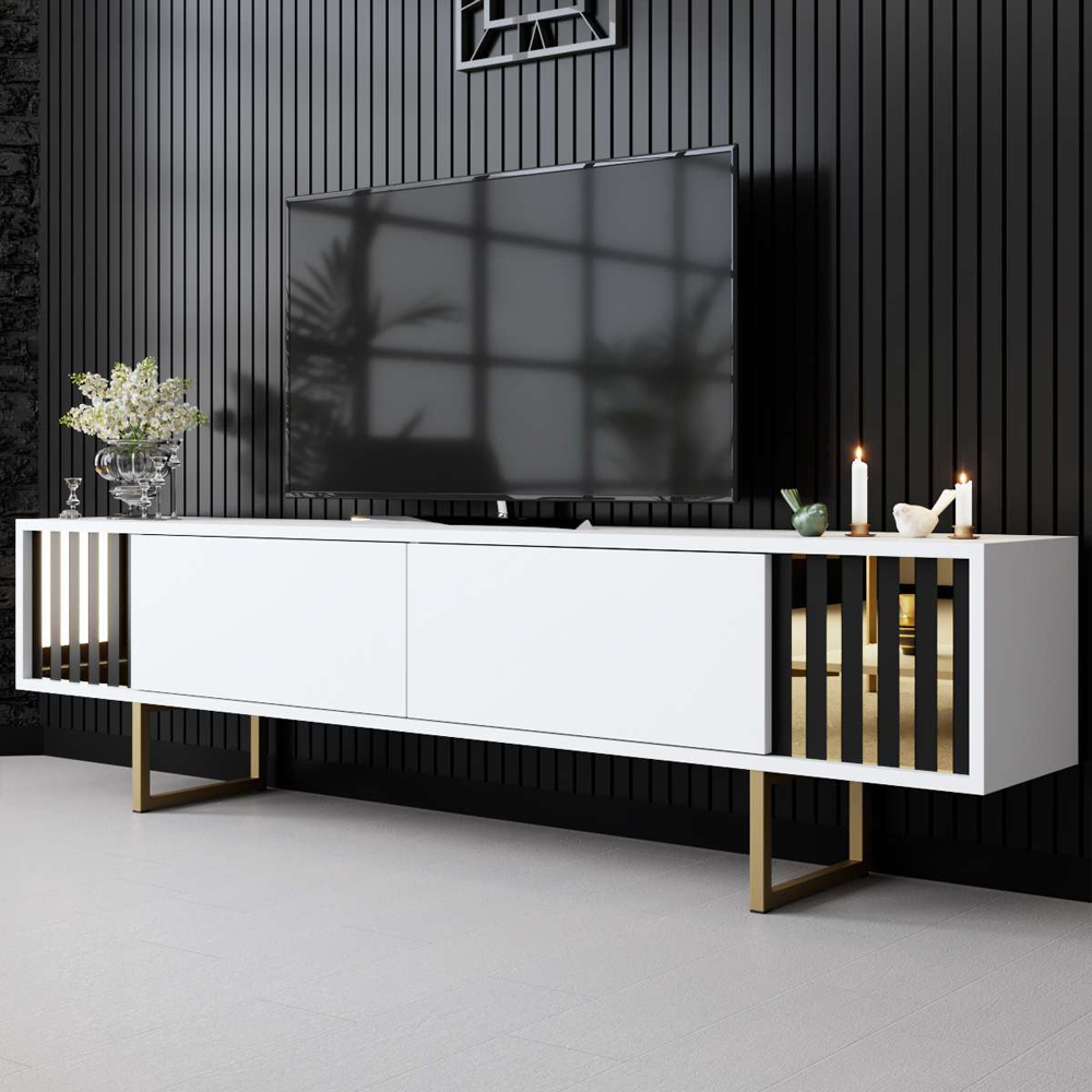 Novara Wooden TV Stand with Metal Legs in White and Gold