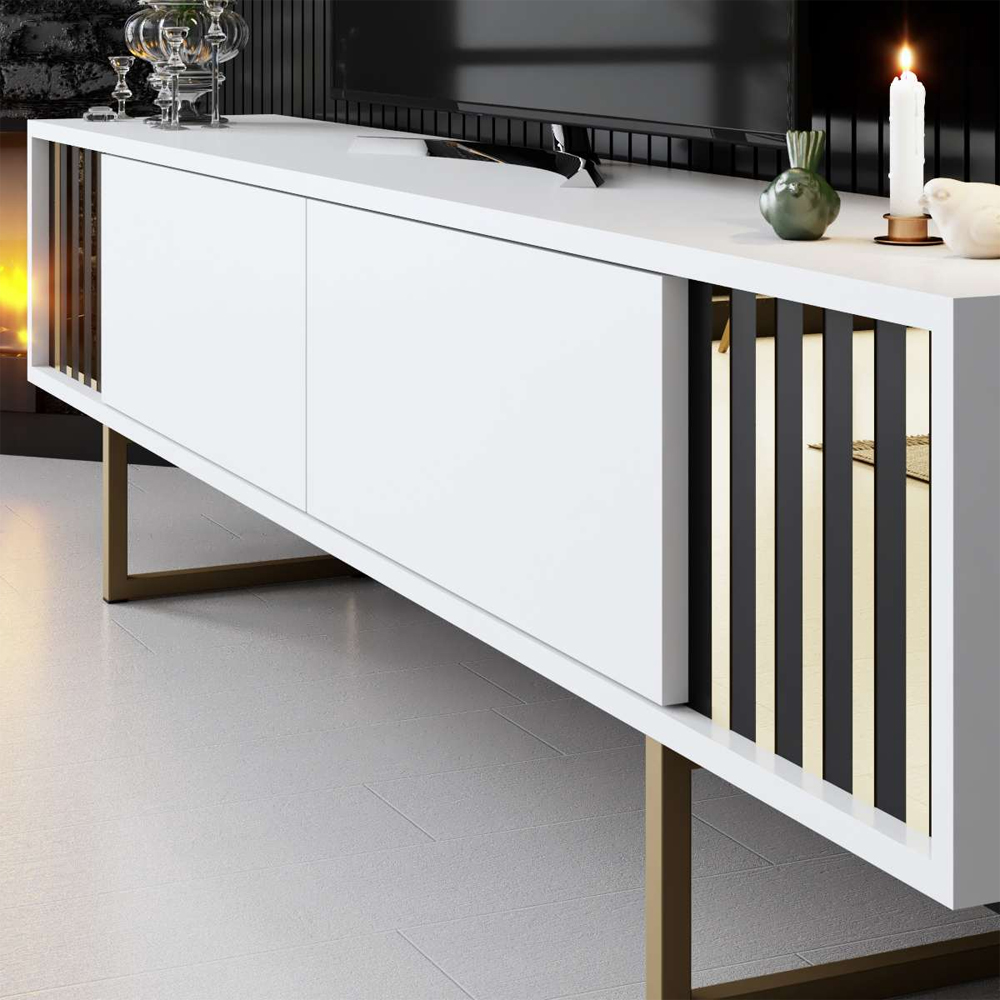 Novara Wooden TV Stand with Metal Legs in White and Gold