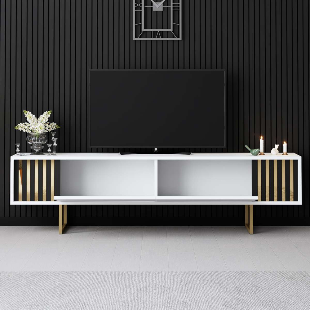 Novara Wooden TV Stand with Metal Legs in White and Gold