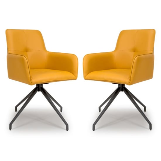 Novato Swivel Ochre Faux Leather Dining Chairs In Pair