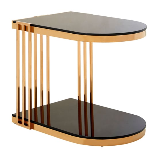 Kurhah U-Shaped Black Glass Side Table With Rose Gold Frame_1