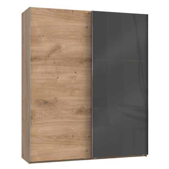 Read more about Noyd mirrored sliding wardrobe in grey and planked oak