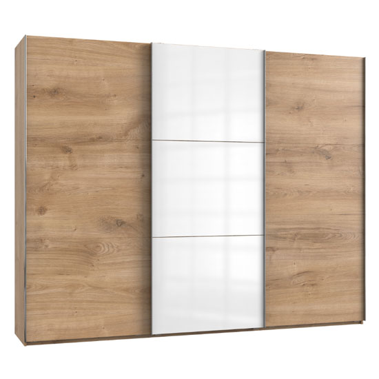 Read more about Noyd mirrored sliding wardrobe in white and planked oak 3 doors