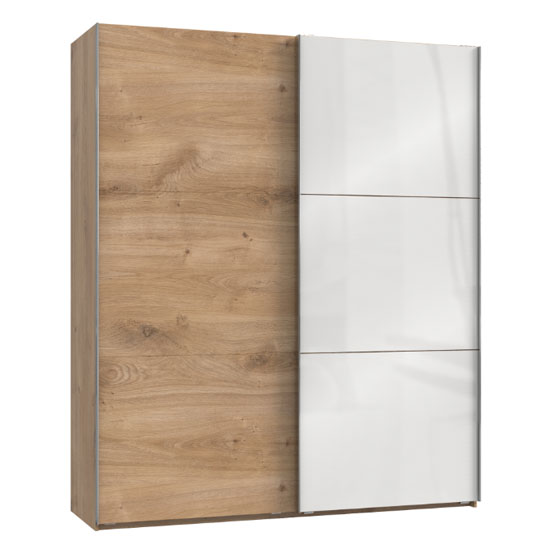 Read more about Noyd mirrored sliding wardrobe in white and planked oak