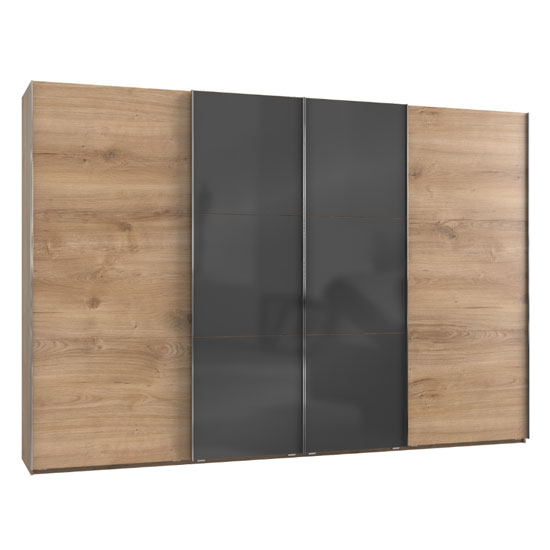 Read more about Noyd mirrored sliding wide wardrobe in grey planked oak 4 doors