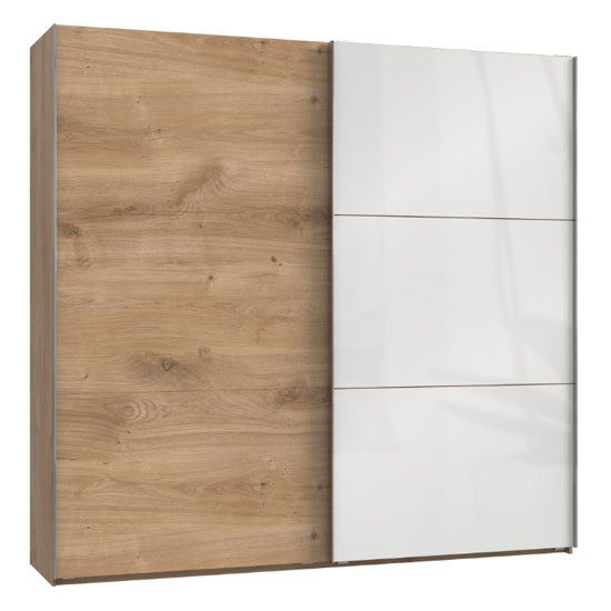 Read more about Noyd mirrored sliding wide wardrobe in white and planked oak