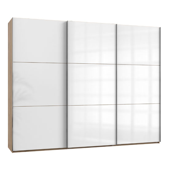 Read more about Noyd wooden sliding wardrobe in white and planked oak 3 doors