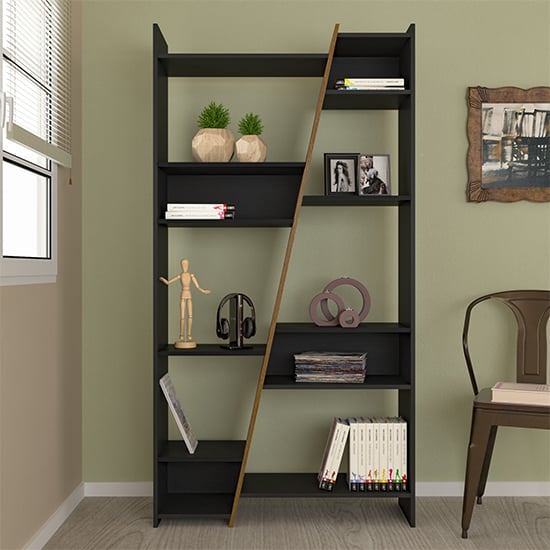 Photo of Nuneaton tall wooden bookcase in black and pine effect