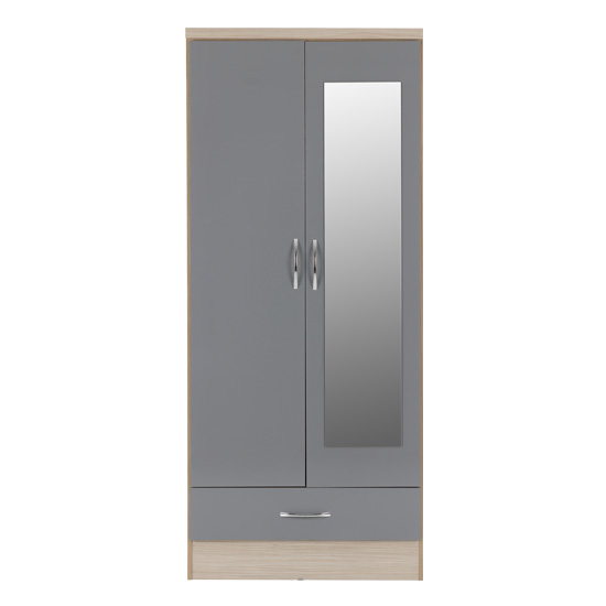 Mack Oak Wooden Wardrobe With 2 Doors 1 Drawer Grey Gloss Front
