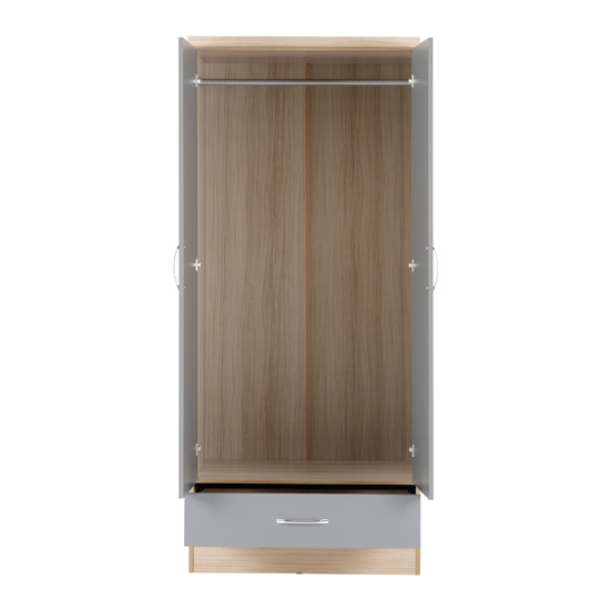 Mack Oak Wooden Wardrobe With 2 Doors 1 Drawer Grey Gloss Front