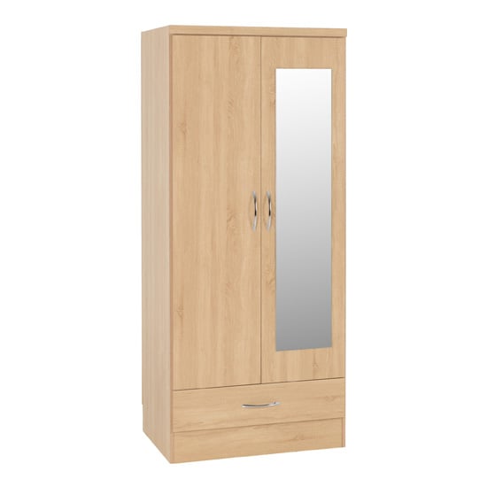 Product photograph of Noir 2 Doors 1 Drawer Mirrored Wardrobe In Sonoma Oak from Furniture in Fashion