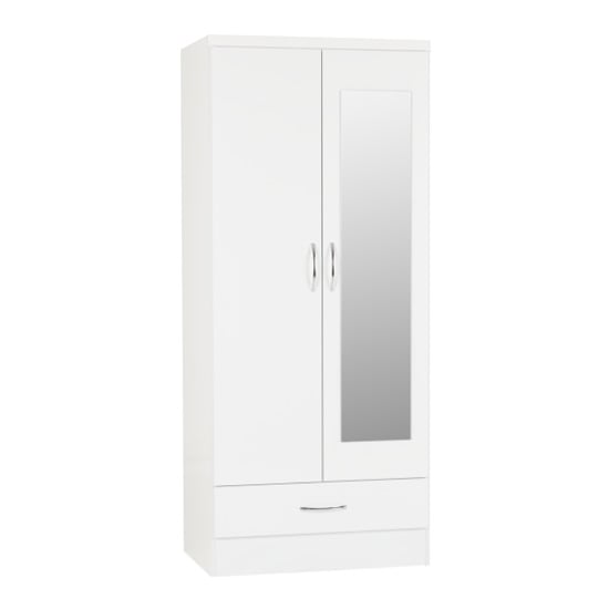 Photo of Noir 2 doors 1 drawer mirrored wardrobe in white high gloss