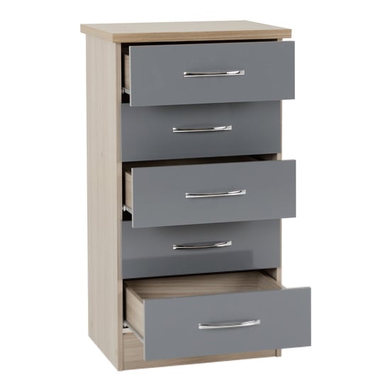 Noir 5 Drawers Narrow Chest Of Drawers In Grey Gloss And Oak_2