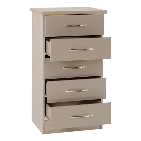 Noir 5 Drawers Narrow Chest Of Drawers In Oyster Gloss And Oak_2