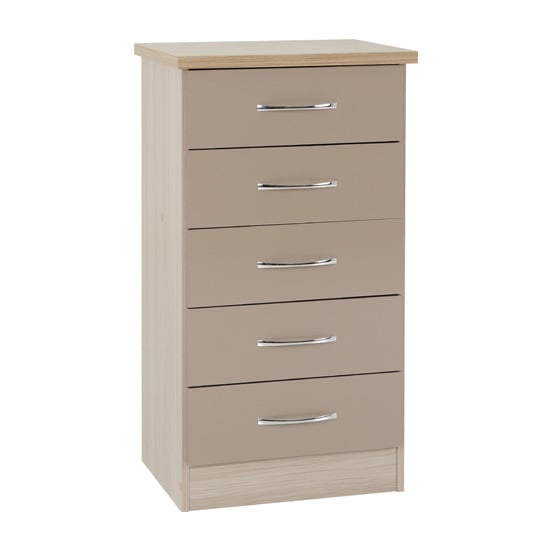 Noir 5 Drawers Narrow Chest Of Drawers In Oyster Gloss And Oak
