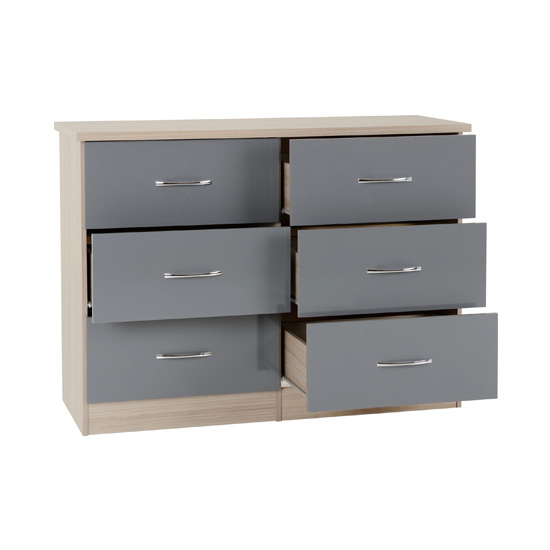 Mack Wooden Chest Of 6 Drawers With Grey Gloss Front In Oak