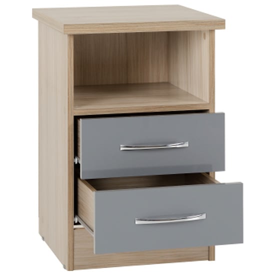 Mack Oak Wooden Bedside Cabinet With 2 Drawers Grey Gloss Front
