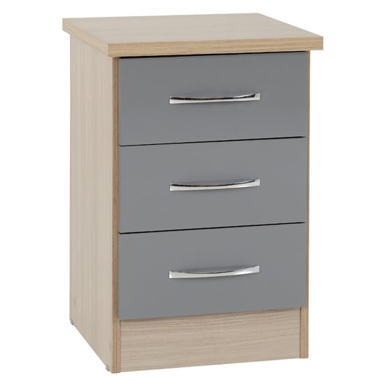 Read more about Noir 3 drawers bedside cabinet in grey high gloss and light oak