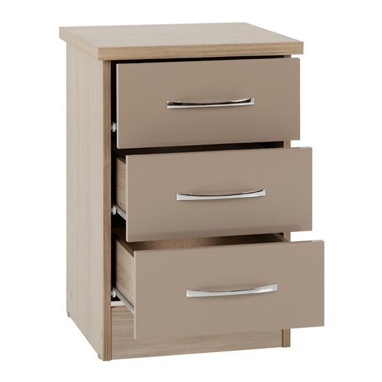 Mack Oak Wooden Bedside Cabinet With 3 Drawers Oyster Gloss Front
