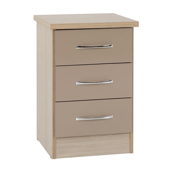 Product photograph of Noir 3 Drawers Bedside Cabinet In Oyster Gloss And Light Oak from Furniture in Fashion