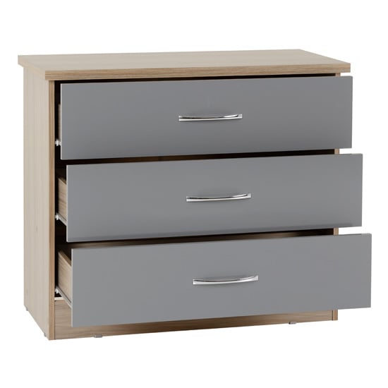 Mack Wooden Chest Of 3 Drawers With Grey Gloss Front In Oak