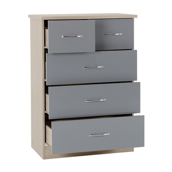 Mack Wooden Chest Of 5 Drawers With Grey Gloss Front In Oak