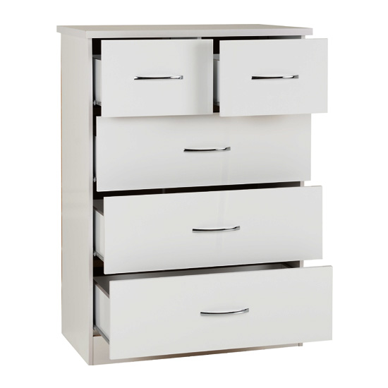 Mack Wooden Chest Of 5 Drawers With White Gloss Front In Oak