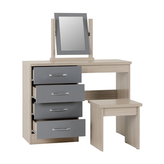 Mack Oak Wooden Dressing Table Set With Grey Gloss Front